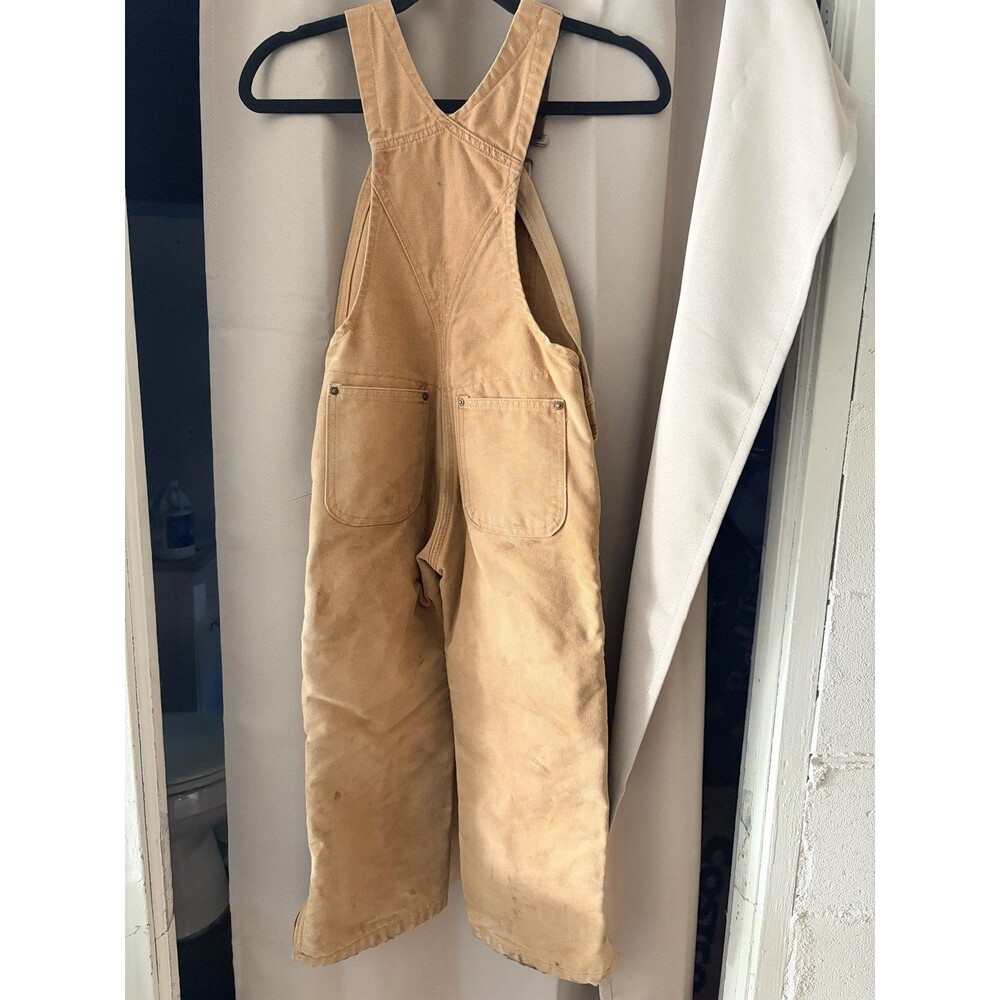 Vintage Carhartt Bibs Overalls Brown Double Knee Lined Canvas Kids M Seasoned - Picture 4 of 8